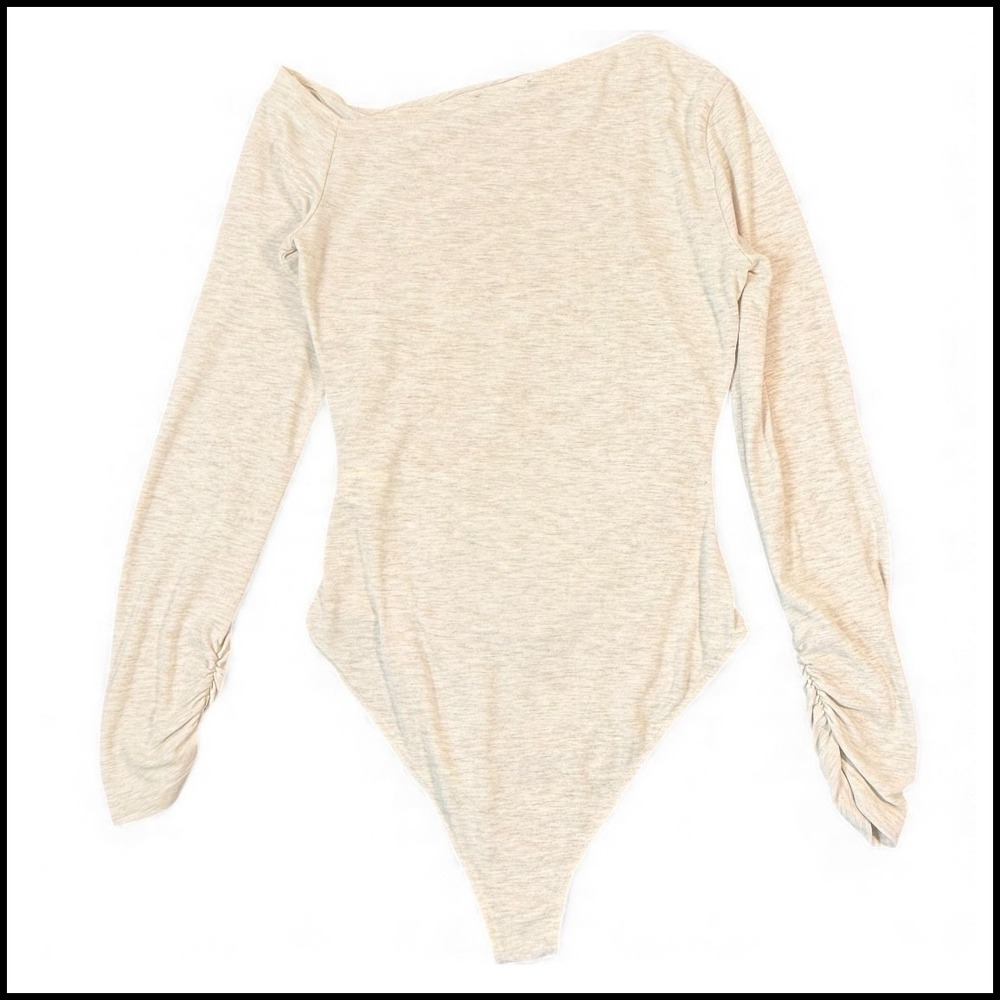 Zara Ruched Off Shoulder Long Sleeve Bodysuit Large Beige Asymmetric Minimalist